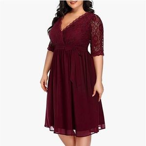 Elegant Burgundy Lace Midi Dress